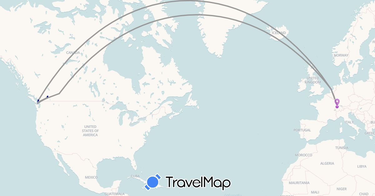 TravelMap itinerary: driving, plane, train, boat in Canada, Switzerland, France, Netherlands (Europe, North America)